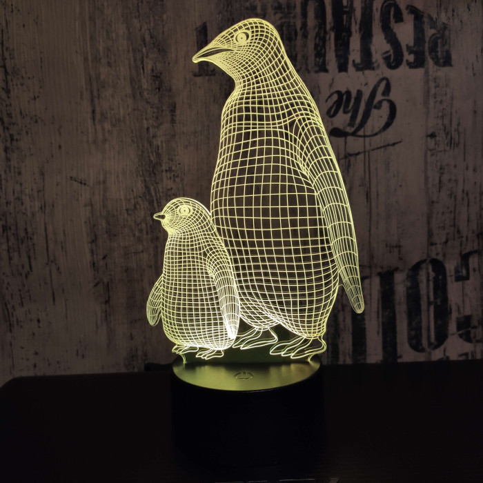 Két Pingvin 7 színű  3D led lámpa