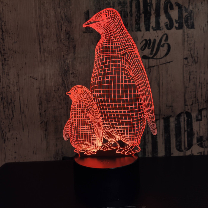 Két Pingvin 7 színű  3D led lámpa