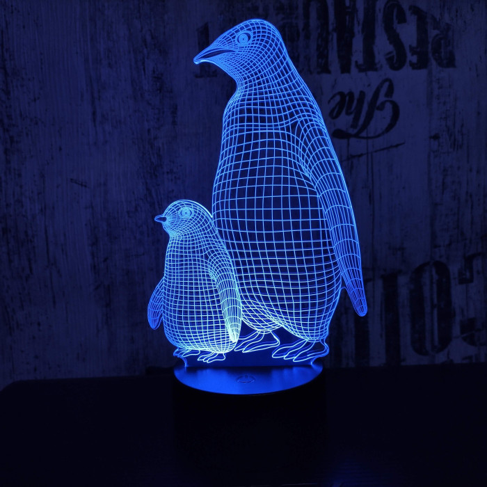 Két Pingvin 7 színű  3D led lámpa