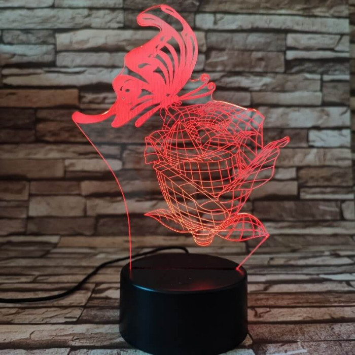 Pillangó a rózsán 7 színű 3D led lámpa