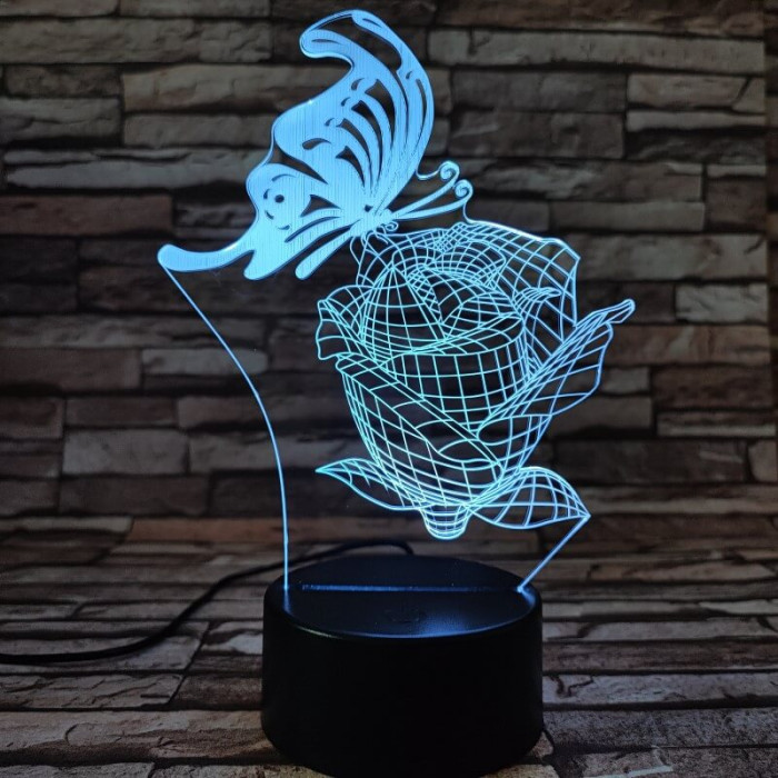 Pillangó a rózsán 7 színű 3D led lámpa