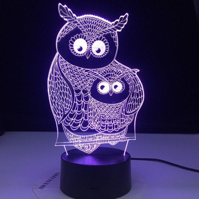 Két  Bagoly 7 szinű 3D led lámpa