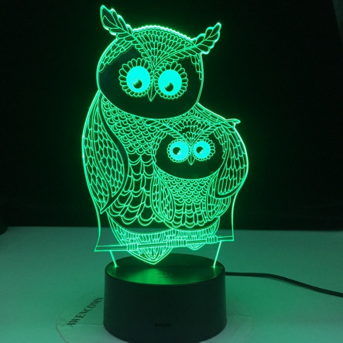 Két  Bagoly 7 szinű 3D led lámpa