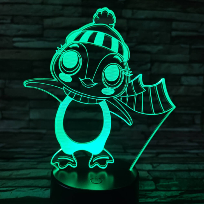 Pingvin lány sapkás 7 színű 3D led lámpa