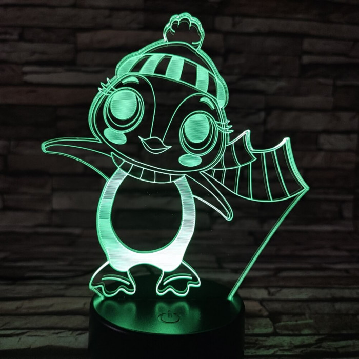 Pingvin lány sapkás 7 színű 3D led lámpa
