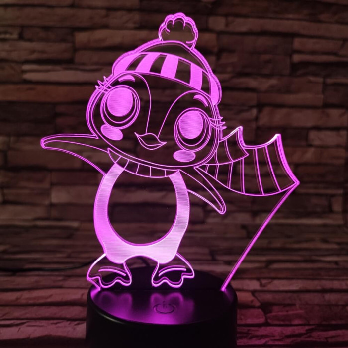 Pingvin lány sapkás 7 színű 3D led lámpa