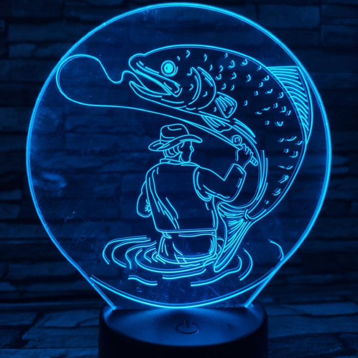 Horgász a kifogott hallal 7 színű 3D led lámpa