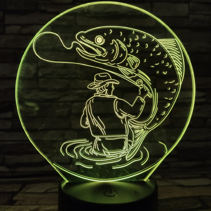 Horgász a kifogott hallal 7 színű 3D led lámpa