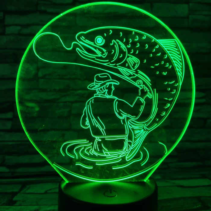 Horgász a kifogott hallal 7 színű 3D led lámpa