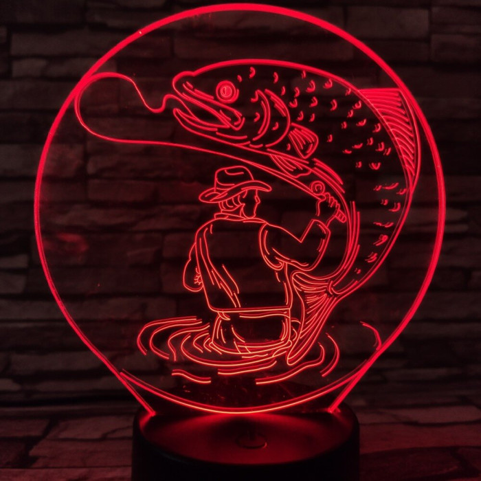 Horgász a kifogott hallal 7 színű 3D led lámpa