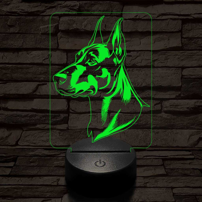 Dobermann-fej, 7 színű 3D led lámpa