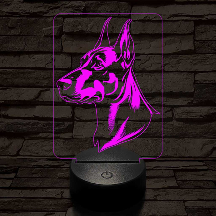 Dobermann-fej, 7 színű 3D led lámpa