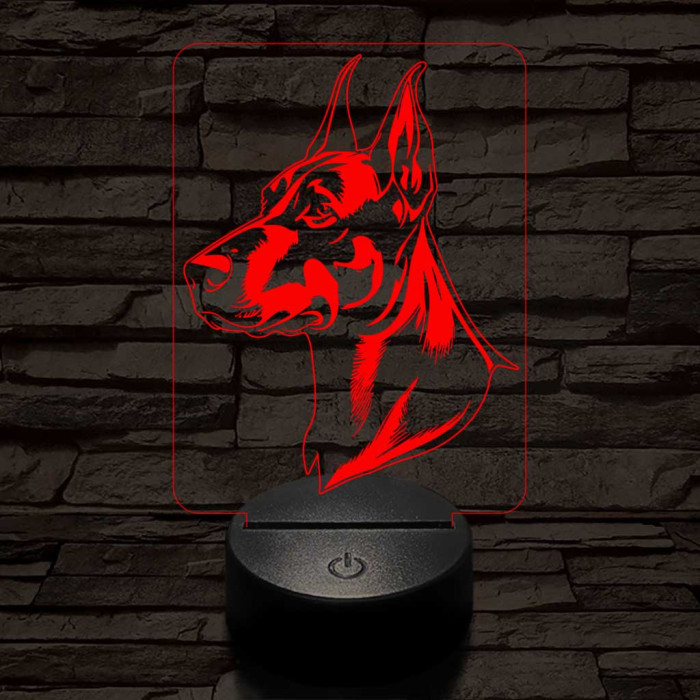 Dobermann-fej, 7 színű 3D led lámpa