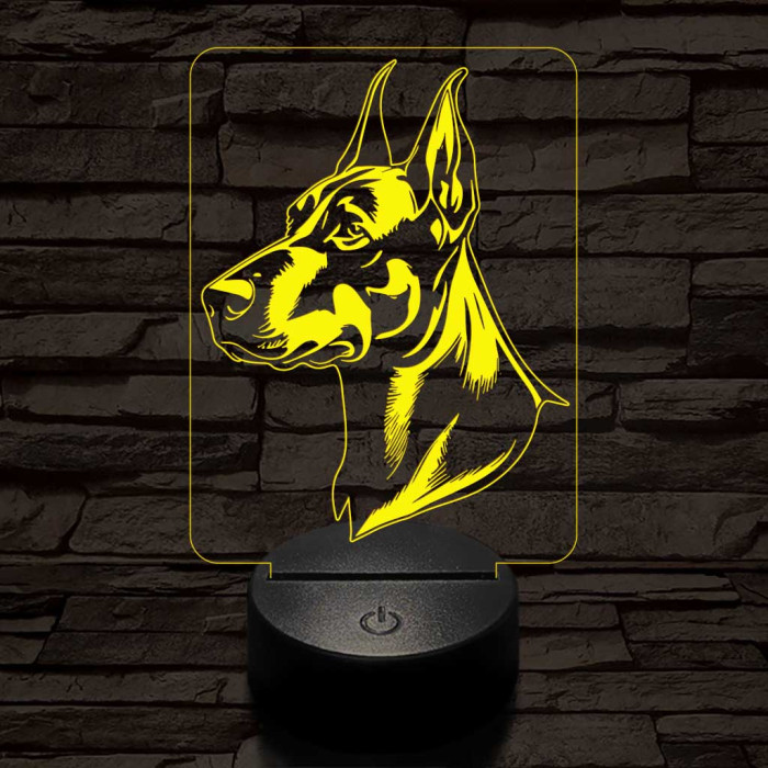 Dobermann-fej, 7 színű 3D led lámpa