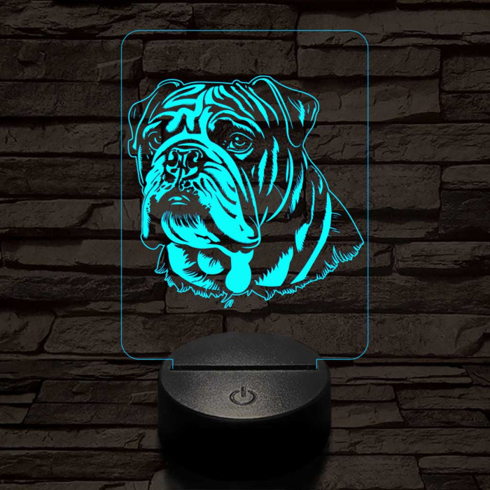 Angol bulldog-fej, 7 színű 3D led lámpa