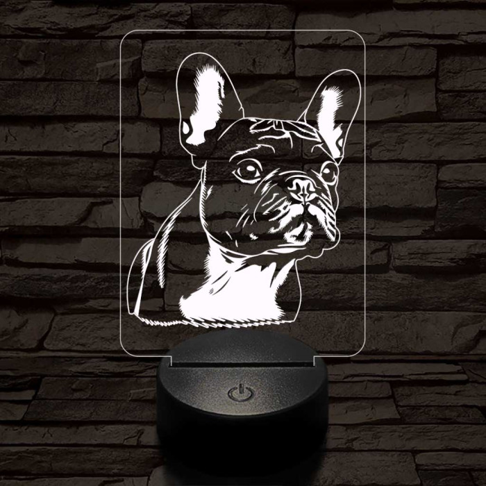 Francia bulldog-fej, 7 színű 3D led lámpa