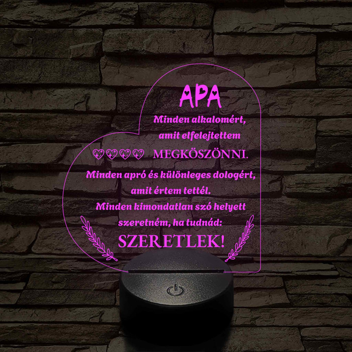Szív Alakú 3D LED Lámpa – Megható Üzenettel Apáknak 7 színű 3D led lámpa