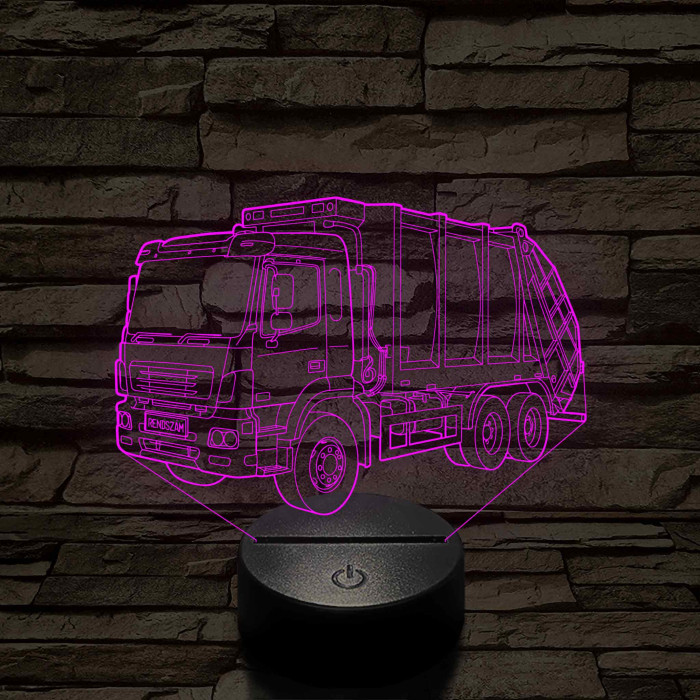 Egyedi rendszámmal gravírozható kukásautó 7 színű 3D led lámpa