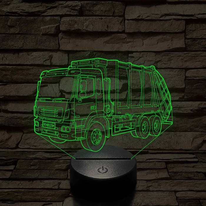 Egyedi rendszámmal gravírozható kukásautó 7 színű 3D led lámpa