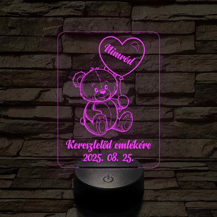 Keresztelő emlékére 7 színű, színváltós macis 3D led lámpa
