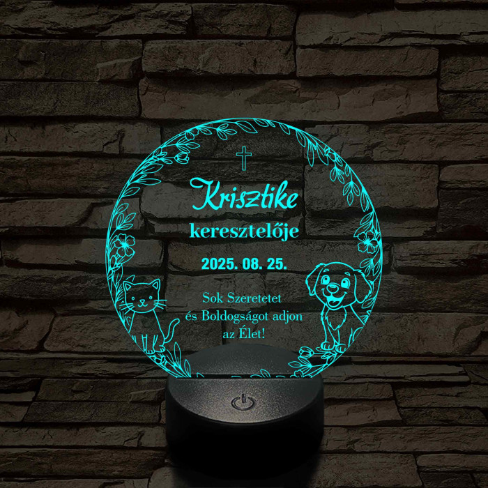 Keresztelői emlék, személyre szabható névvel és dátummal - 7 színű, színváltós 3D led lámpa