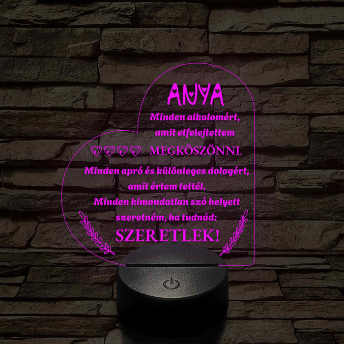 Szív Alakú 3D LED Lámpa – Megható Üzenettel Anyukáknak 7 színű 3D led lámpa
