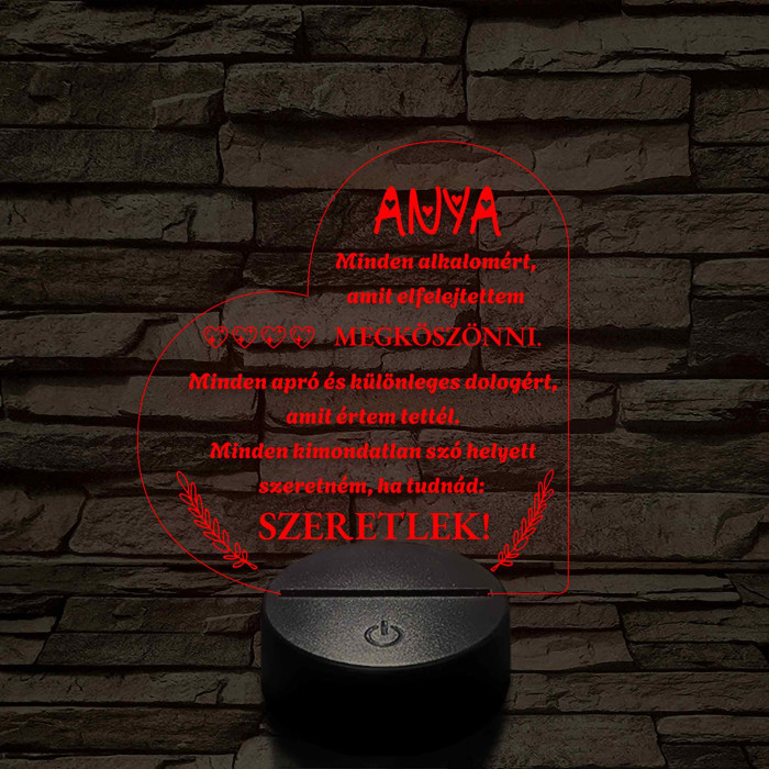 Szív Alakú 3D LED Lámpa – Megható Üzenettel Anyukáknak 7 színű 3D led lámpa