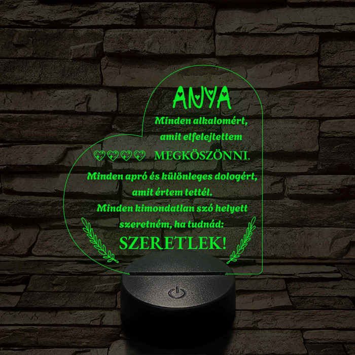 Szív Alakú 3D LED Lámpa – Megható Üzenettel Anyukáknak 7 színű 3D led lámpa