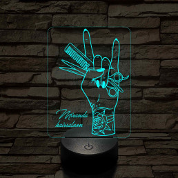Tetovált női kéz fésűvel és ollóval – 7 színű, színváltós 3D LED lámpa