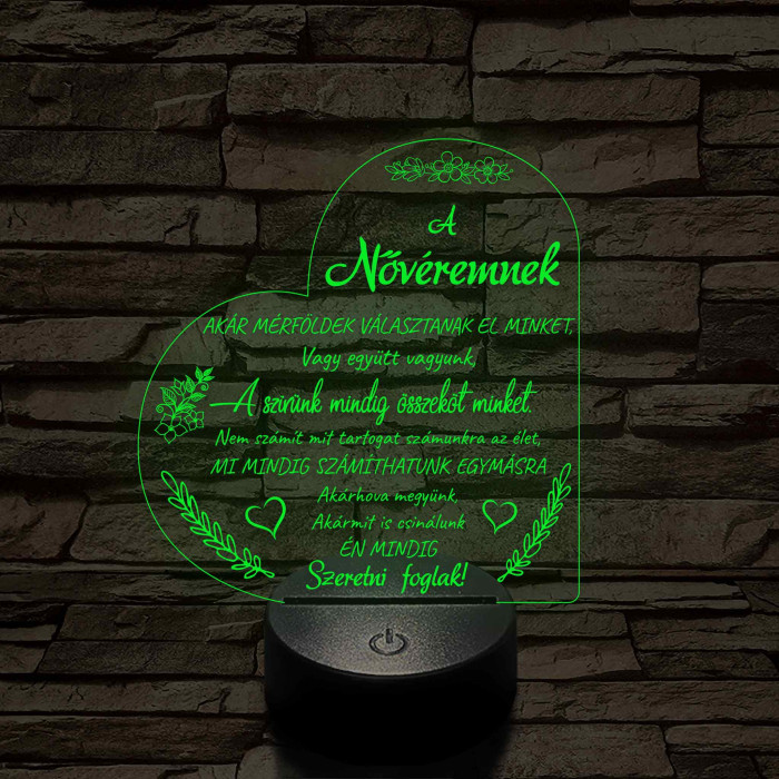 Nővéremnek – szívalakú, idézetes, 7 színű színváltós 3D LED lámpa