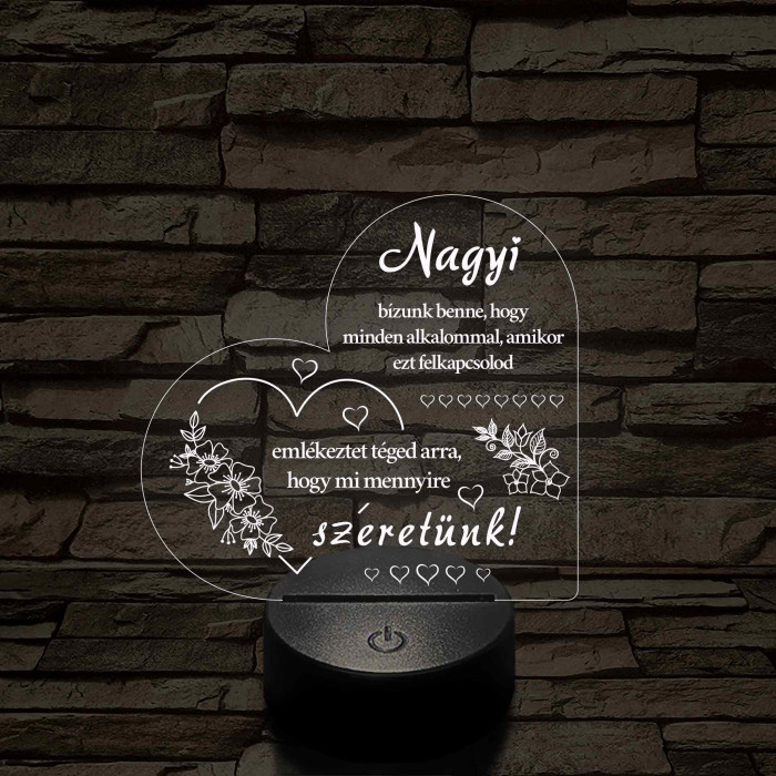 Nagyi – Szívalakú, színváltós 7 színű LED lámpa szeretetteljes üzenettel
