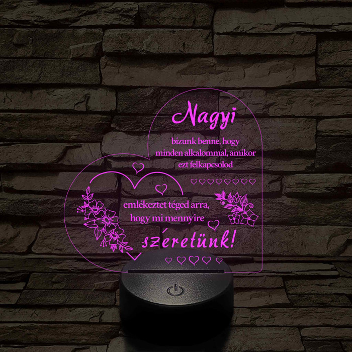 Nagyi – Szívalakú, színváltós 7 színű LED lámpa szeretetteljes üzenettel