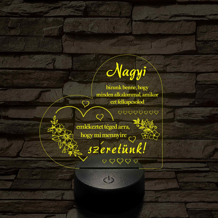 Nagyi – Szívalakú, színváltós 7 színű LED lámpa szeretetteljes üzenettel
