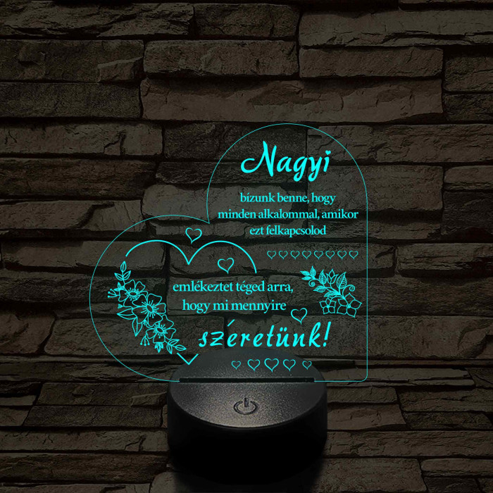 Nagyi – Szívalakú, színváltós 7 színű LED lámpa szeretetteljes üzenettel