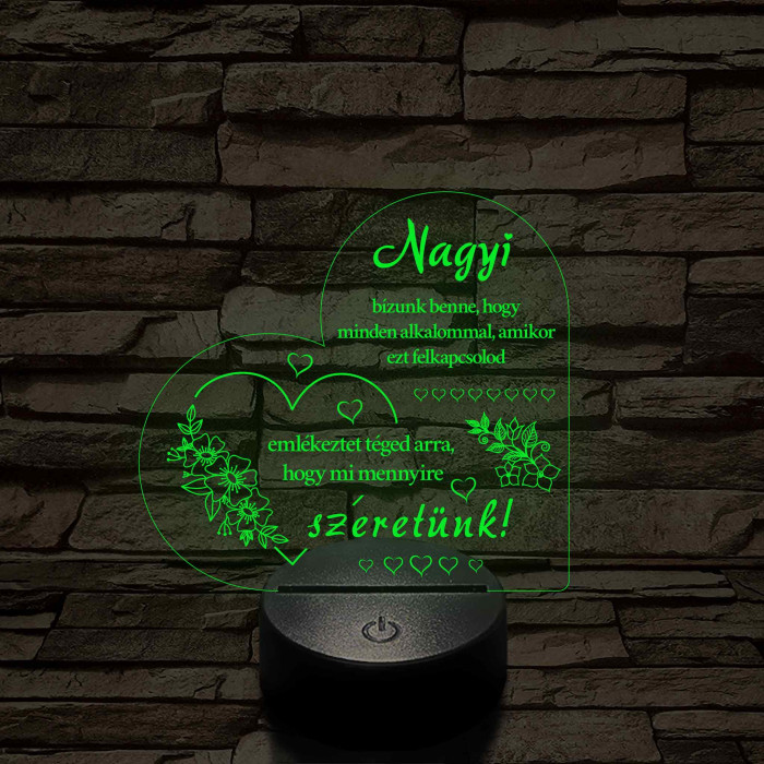 Nagyi – Szívalakú, színváltós 7 színű LED lámpa szeretetteljes üzenettel