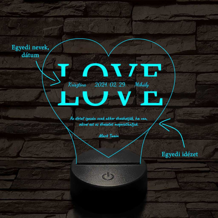 Egyedi esküvős, Valentinos szív-alakú beírós LOVE szív-forma 7 színű 3D led lámpa