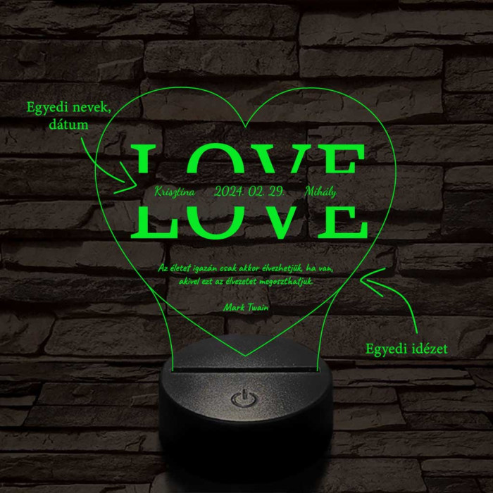 Egyedi esküvős, Valentinos szív-alakú beírós LOVE szív-forma 7 színű 3D led lámpa