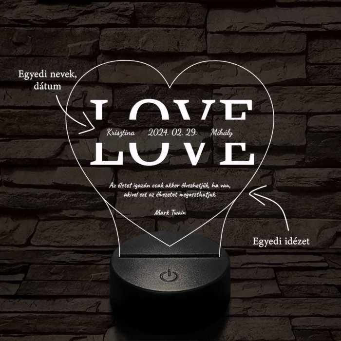 Egyedi esküvős, Valentinos szív-alakú beírós LOVE szív-forma 7 színű 3D led lámpa