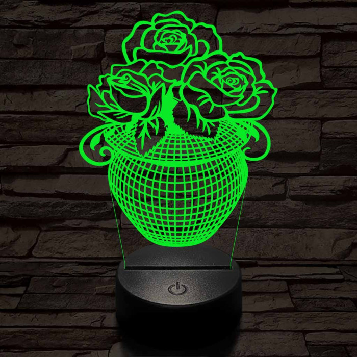Rózsacsokor-vázában 7 színű 3D led lámpa