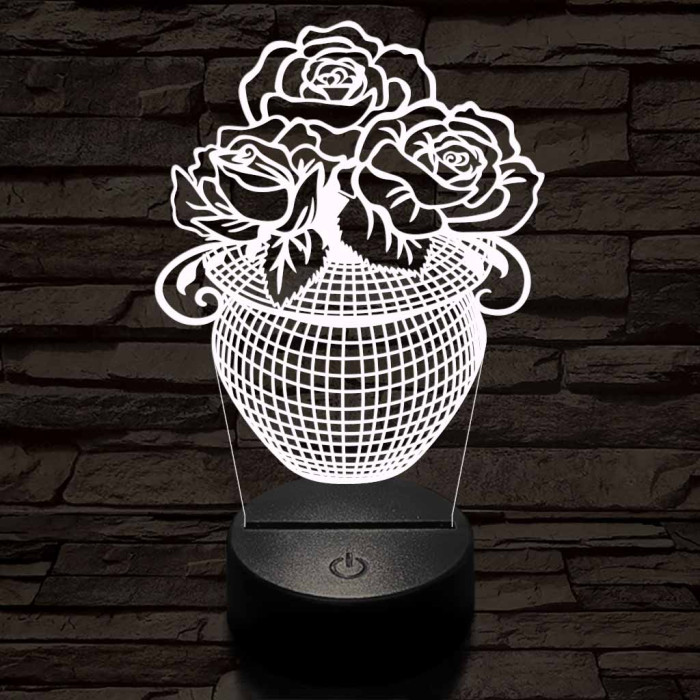 Rózsacsokor-vázában 7 színű 3D led lámpa