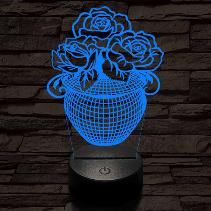 Rózsacsokor-vázában 7 színű 3D led lámpa