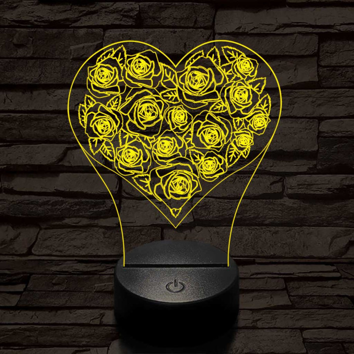 Rózsák a szívben 7 színű 3D led lámpa