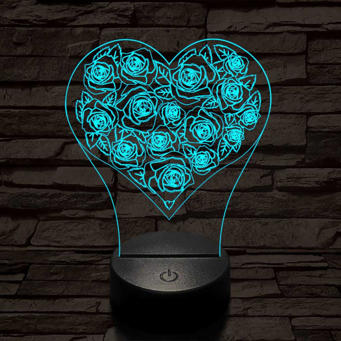 Rózsák a szívben 7 színű 3D led lámpa