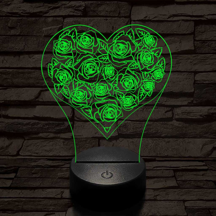 Rózsák a szívben 7 színű 3D led lámpa
