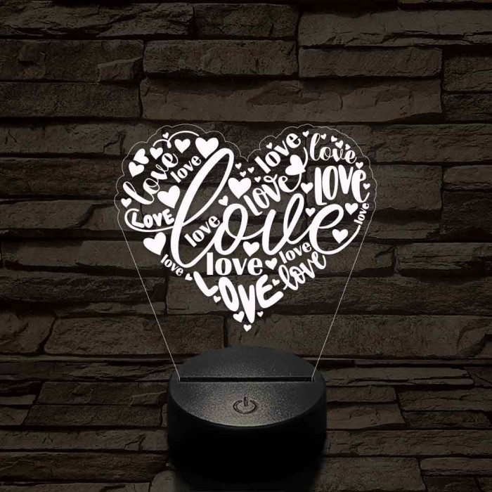 Szívvel és love-al 7 színű 3D led lámpa