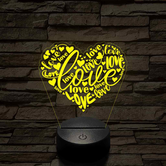 Szívvel és love-al 7 színű 3D led lámpa