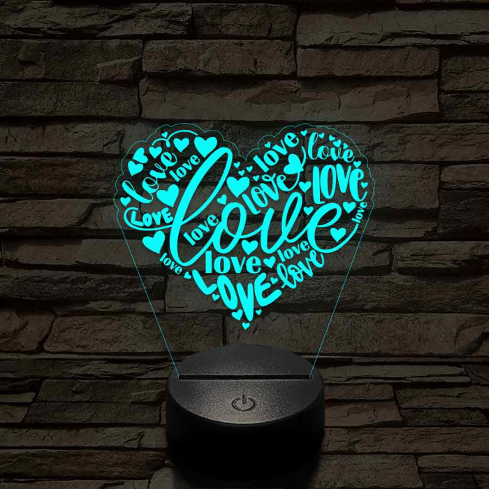 Szívvel és love-al 7 színű 3D led lámpa
