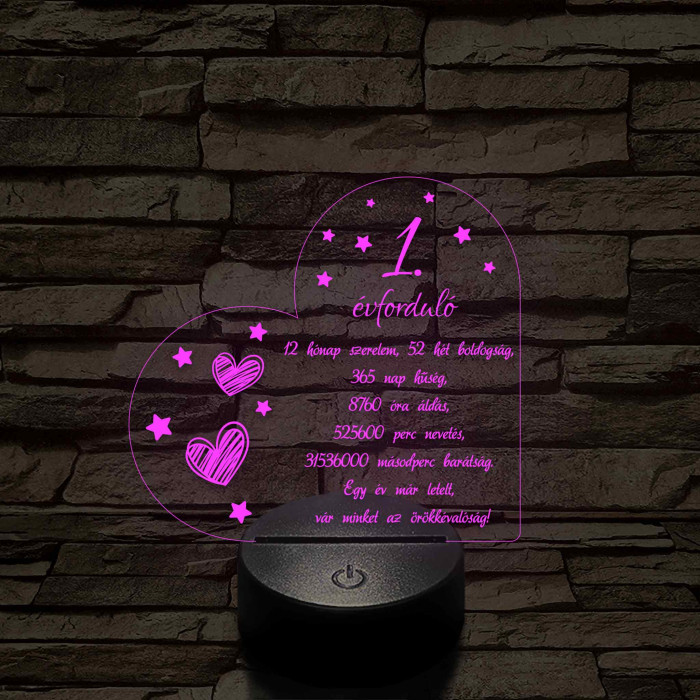 Első évforduló – Idő, szerelem, örökkévalóság – 7 színű, színváltós 3D LED lámpa