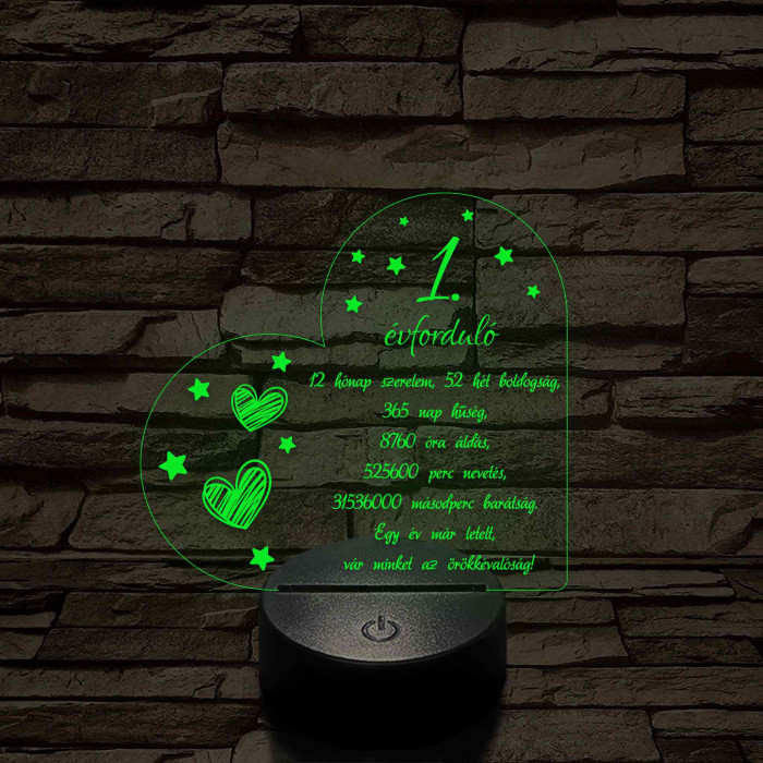 Első évforduló – Idő, szerelem, örökkévalóság – 7 színű, színváltós 3D LED lámpa