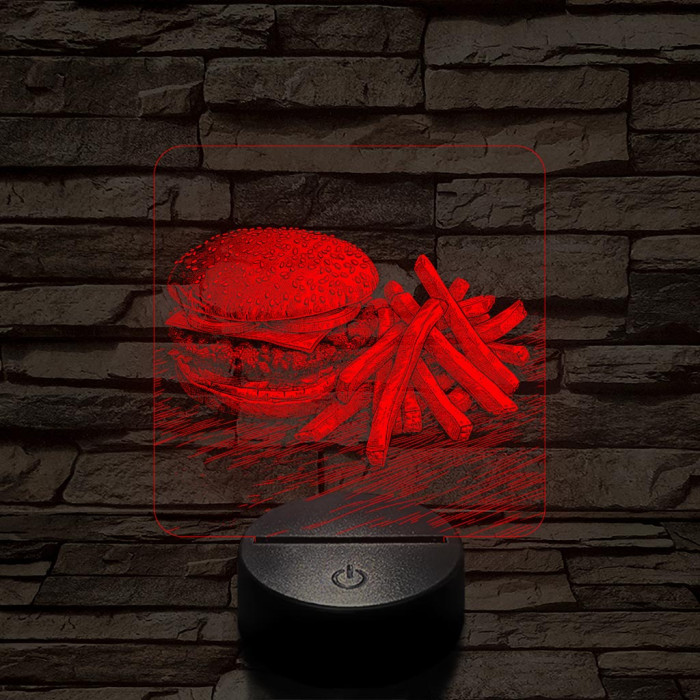 Street food sajtburger és krumpli 7 színű, valósághűen gravírozott 3D led lámpa